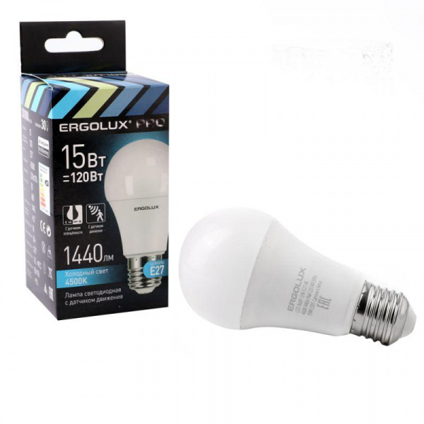 Лампа светодиодная с датчиком LED-A60P-15W-E27-4K PRO 15Вт Е27 4500К 220-240В с Ergolux 14763
